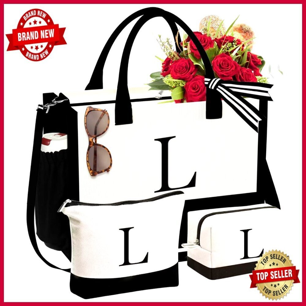 Personalized Initial Canvas Tote Bag Set with Makeup Bags, Zipper Closure